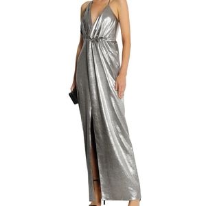 NWT $695 Halston silver lame draped gown evening dress maxi ruched slit